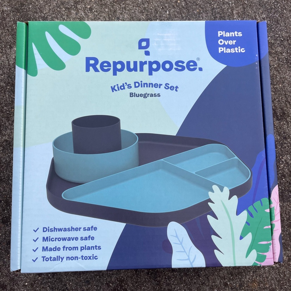 NIB Repurpose Kid's recycled dinner set, dark and light blue